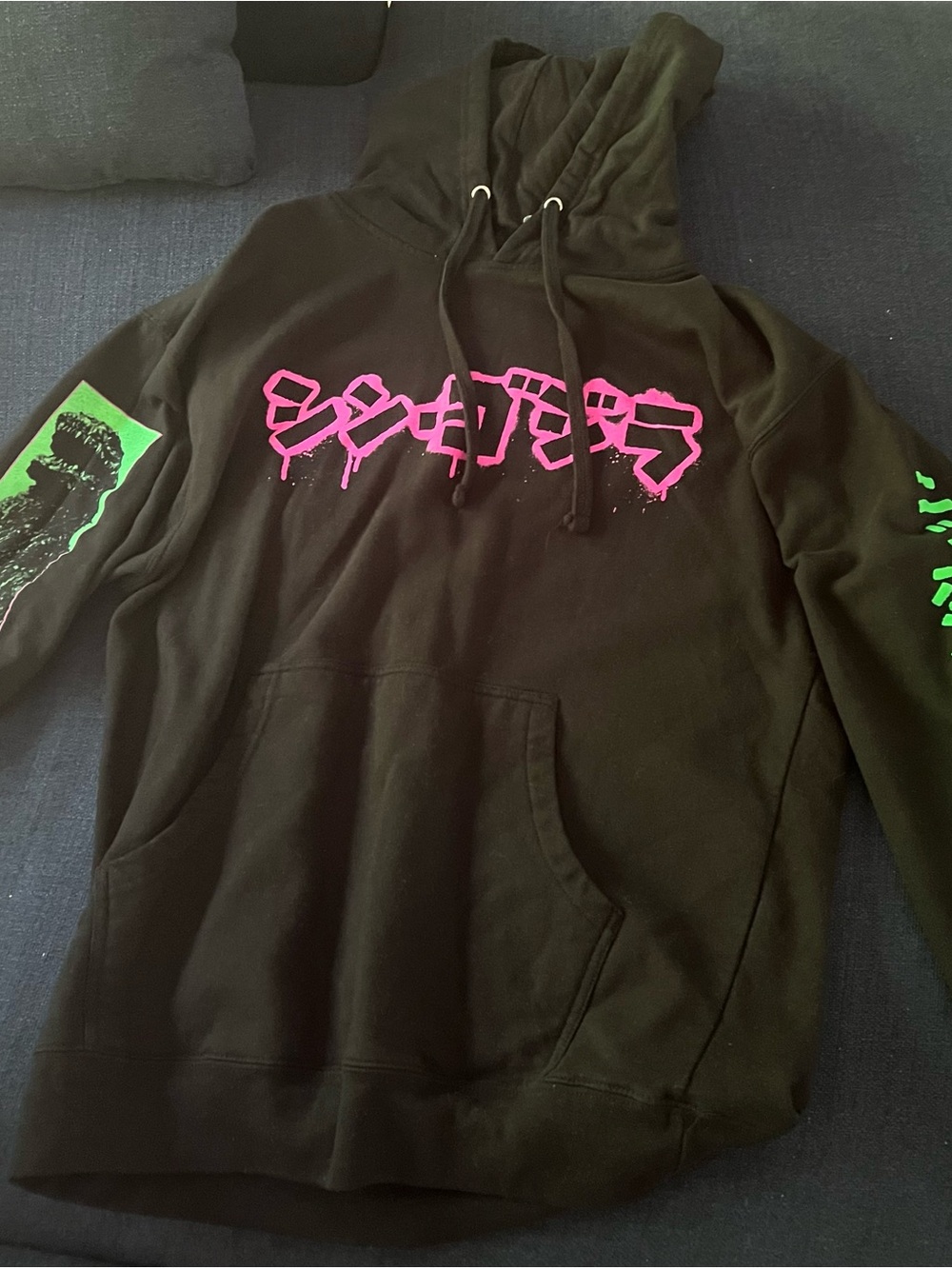 Godzilla Black Hoodie Sweatshirt with Pink and Green Graphic